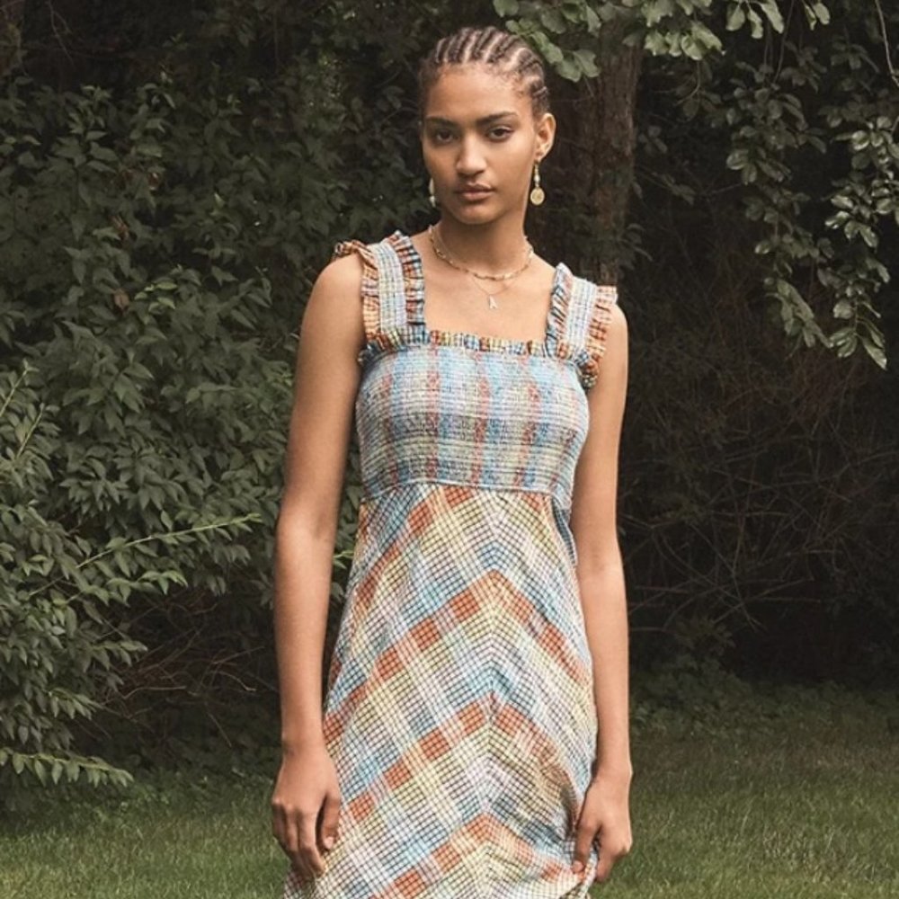 GANNI Cotton Seersucker Check Dress - Multicolor